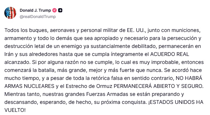 El comunicado de Trump vía Truth Social