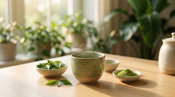 Taza de té verde humeante de cerámica artesanal sobre mesa de madera clara, rodeada de cuencos con hojas de té frescas y polvo de matcha. Fondo de plantas y ventana iluminada.