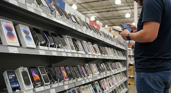 Vista lateral de un hombre con camiseta azul oscuro y jeans sosteniendo dos teléfonos, mientras mira una amplia exhibición de celulares en un almacén.