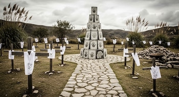 Monumento de bloques grises con huellas de manos, camino de piedra, múltiples cruces de madera con camisetas blancas y un montón de rocas con carretilla.