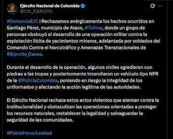 La operación militar contra la minería ilegal en Santiago Pérez, Tolima, terminó con 13 militares heridos y violencia en la región - crédito @COL_EJERCITO / X