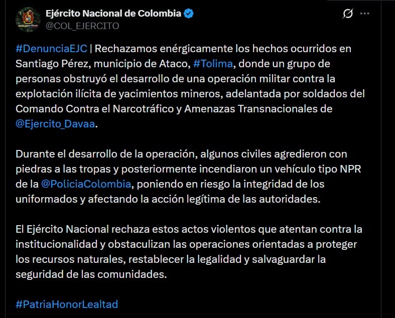 La operación militar contra la minería ilegal en Santiago Pérez, Tolima, terminó con 13 militares heridos y violencia en la región - crédito @COL_EJERCITO / X