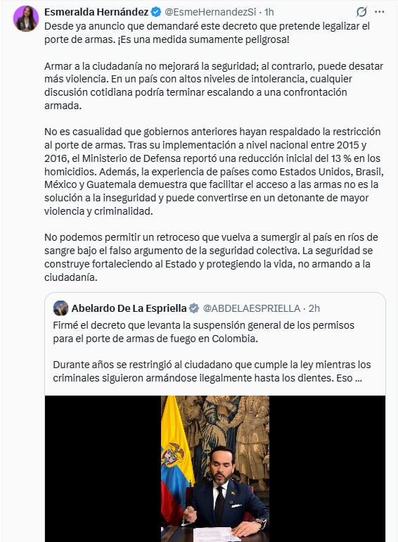 Esmeralda Hernández señaló que la medida impulsada por el Ejecutivo podría aumentar los índices de violencia en todo el país - crédito @EsmeHernandezSi/X
