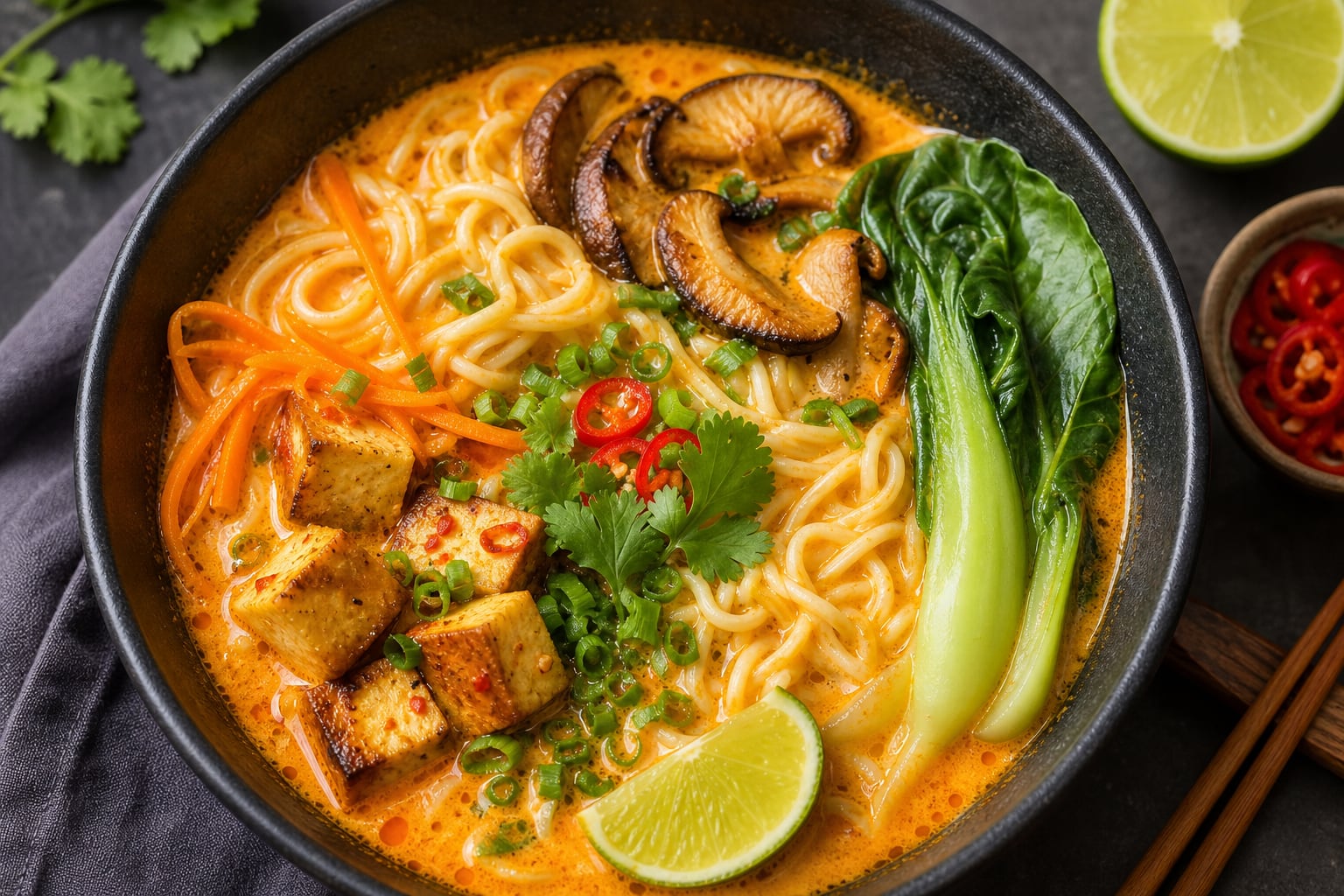 Un tazón de ramen vegetariano de curry rojo combina fideos, tofu dorado, hongos shiitake, col china y verduras en un caldo cremoso. (Imagen Ilustrativa Infobae)