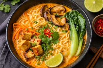 Plato hondo de ramen con caldo anaranjado, fideos, cubos de tofu, hongos, col china, zanahoria rallada y una rodaja de lima.