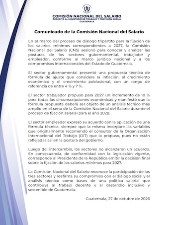 Documento oficial con el logotipo de la Comisión Nacional del Salario de Guatemala y seis párrafos de texto impreso