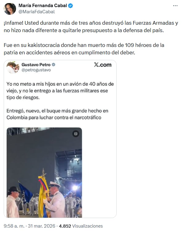 La senadora del Centro Democrático se despachó en contra de Gustavo Petro por publicación que hacía referencia a soldados muertos en accidente aéreo de Puerto Leguízamo - crédito @MariaFdaCabal/X