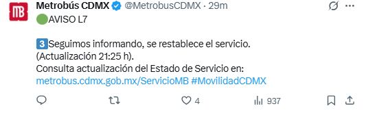 Actualización del MB 24 de septiembre. Foto: x.com/@MetrobusCDMX