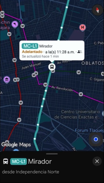 Captura de pantalla de un teléfono móvil con Google Maps. Muestra mapa de ciudad con rutas de transporte. Un pop-up indica 'MC-L1 Mirador, Adelantado'