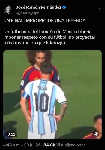 José Ramón Fernández manifestó su inconformidad desde su cuenta de X (antes Twitter) al calificar la reacción de Messi como un cierre “impropio de una leyenda” (captura de pantalla)