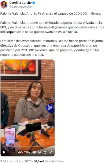 Carolina Corcho acusó a figuras políticas y EPS de financiar empresas de papel con dinero de la salud - crédito @carolinacorcho/X