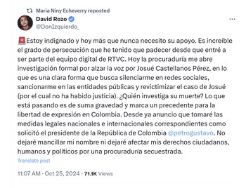 El influenciador y contratista de Rtvc David Rozo aseguró que está indignado por la investigación de la Procuraduría en su contra - crédito @DonIzquierdo_/X