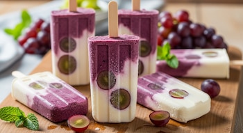 Varias paletas de uva y yogur griego bicolores con trozos de uva, algunas de pie, sobre una tabla de madera, con uvas y menta fresca alrededor.