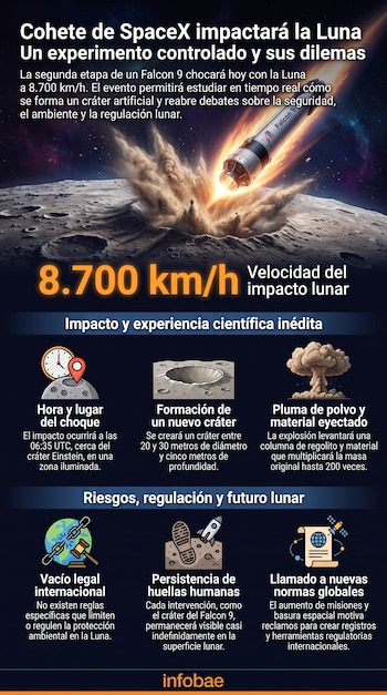 Infografía de un cohete Falcon 9 impactando la Luna, con nubes de polvo y cráteres, y texto que describe la velocidad, el impacto y los riesgos.