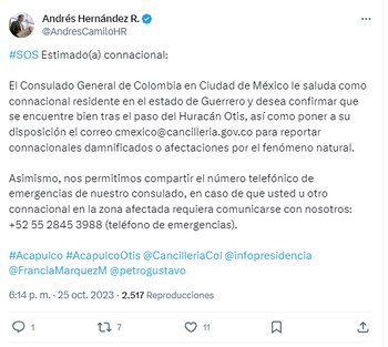Consulado de Colombia en México informó sobre las líneas de atención habilitadas para colombianos afrectados a raíz del paso del huracán Otis - crédito @consuladocolmex/ X