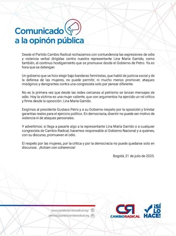 Cambio Radical responsabiliza al Gobierno