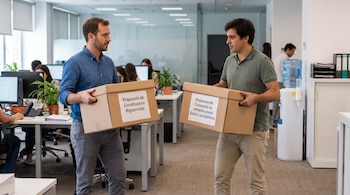 Dos hombres llevan cajas de cartón etiquetadas con propuestas de Rigservices y del Consorcio Los Canelos dentro de una oficina.