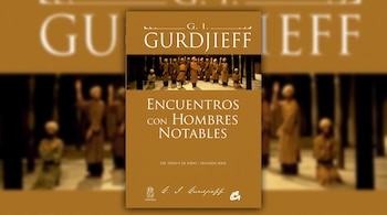 Portada de libro de color ocre con el texto Encuentros con Hombres Notables y una imagen central de personas vestidas con túnicas.