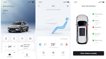 Tres capturas de pantalla de una aplicación móvil para BYD ATTO 3. Muestran la autonomía, control de aire acondicionado y estado de puertas y ventanas