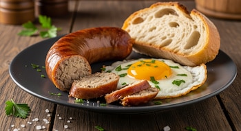 Un plato oscuro sobre una mesa de madera con una Alheira de Mirandela frita y cortada, un huevo frito de yema brillante y una rebanada de pan rústico.