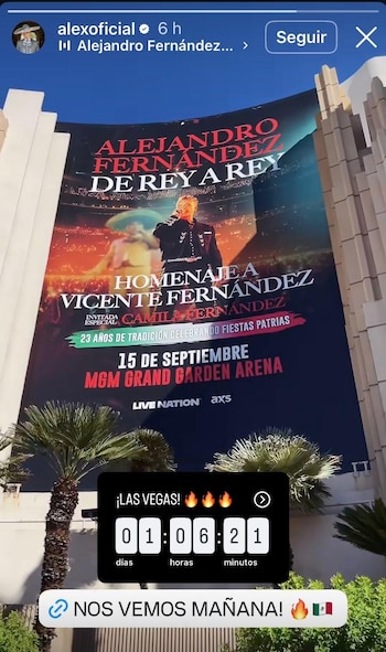 Cartel de Alejandro Fernández en un edificio con la fecha 15 de septiembre en Las Vegas y un temporizador digital superpuesto