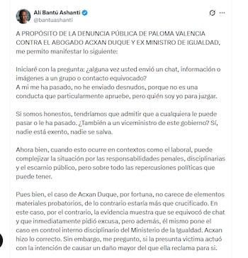 El abogado Alí Bantú Ashanti aseguró que la conducta de Acxan Duque no encaja en una conducta típica (delito) - crédito @bantuashanti/X