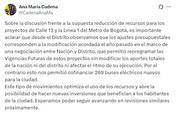 Ana María Cadena, secretaria de Hacienda de Bogotá, afirmó que los ajustes presupuestales corresponden a la modificación acordada en 2025 ante una negociación entre Nación y Distrito - (@CadenaAnaMa/X)