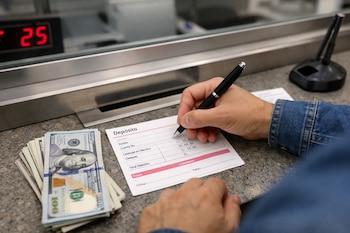 Una persona escribe en una boleta de depósito bancario con un bolígrafo, junto a una pila de billetes de cien dólares, sobre un mostrador de banco.