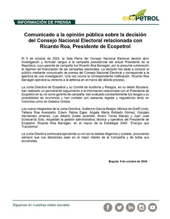 La Junta Directiva de Ecopetrol apoyó a Ricardo Roa en la investigación que adelanta el CNE en su contra - crédito red social X