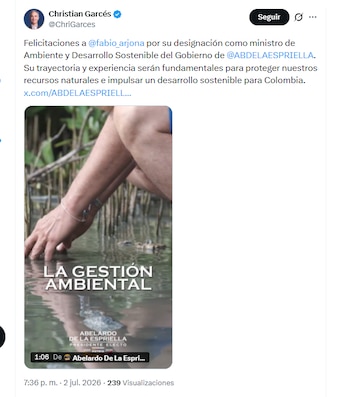 El senador electo Christian Garcés celebró la designación de Fabio Arjona como ministro de Ambiente - crédito @ChriGarces/X