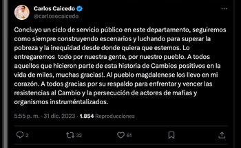 Carlos Caicedo agradece a la gente que estuvo en su administración - crédito @carloscaicedo