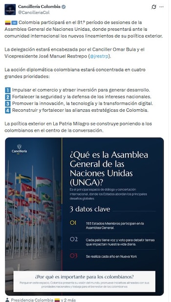 Cancillería dio a conocer los cuatro objetivos del Gobierno De la Espriella ante la ONU