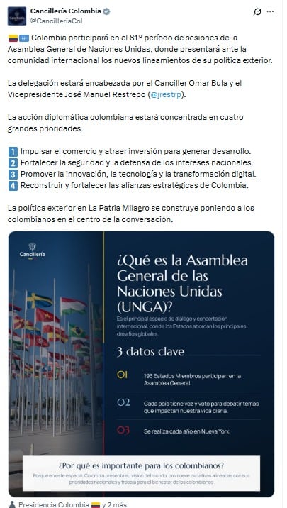 La Cancillería de la República dio a conocer los cuatro objetivos del Gobierno De la Espriella ante la Organización de las Naciones Unidas - crédito @cancilleriacol/X