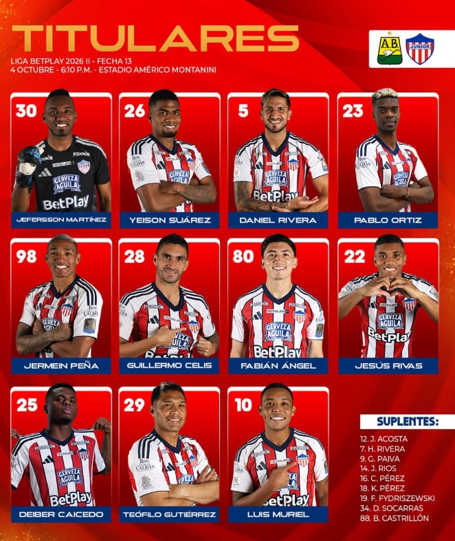 Once titular de Junior de Barranquilla para enfrentar a Atlético Bucaramanga - crédito @juniorclubsa/Instagram