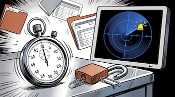 Un cronómetro analógico, un candado abierto con clips metálicos, una pantalla de radar con alerta y carpetas con hojas de datos.
