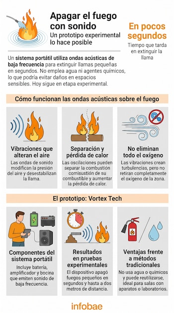 Infografía sobre el uso de sonido para apagar fuego, con seis esquemas ilustrados y textos explicativos con el logotipo de Infobae al pie.