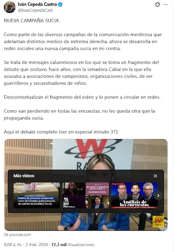 El candidato presidencial del Pacto Histórico aseguró que descontextualizan el fragmento del video y lo ponen a circular en redes porque van perdiendo en todas las encuestas - crédito @IvanCepedaCast/X