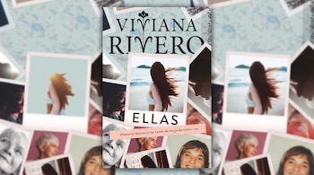 Portada de libro titulada Ellas de Viviana Rivero, con fotos instantáneas de rostros femeninos sobre un fondo azul claro.