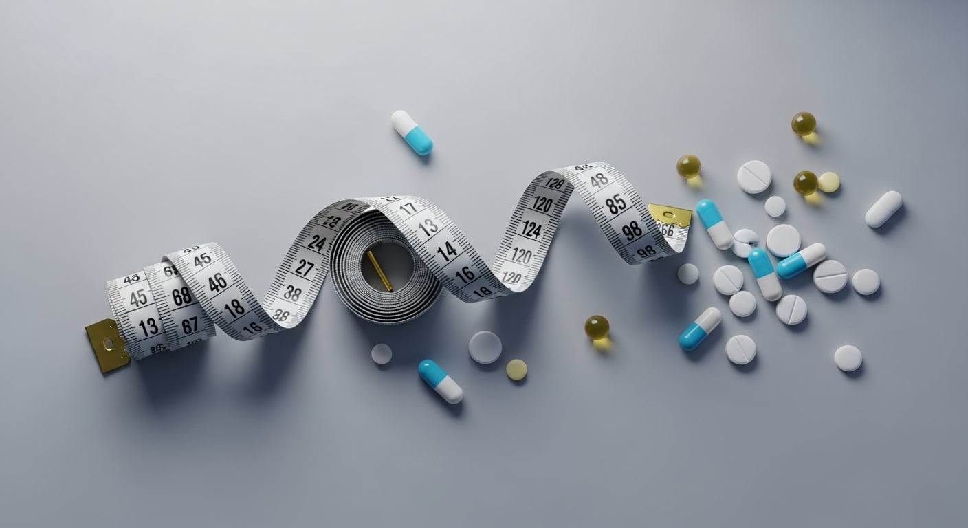 La relación entre el control de peso y la medicación se ilustra con una cinta métrica y diversas pastillas sobre una superficie neutra. (Imagen Ilustrativa Infobae)