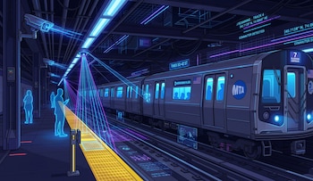 Ilustración de una estación de metro de Nueva York con un tren de la MTA en el andén, cámaras de seguridad y figuras holográficas de personas y datos