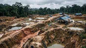 Excavaciones de tierra rojiza con pozas de agua turbia y chozas con lonas azules frente a una selva densa bajo un cielo nublado.