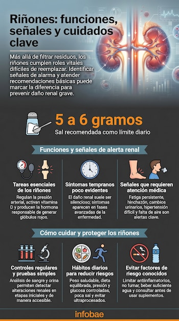 Infografía sobre los riñones mostrando su anatomía, funciones, síntomas de alerta y consejos para su cuidado, incluyendo ilustraciones de órganos, iconos y texto informativo.