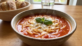 Un bol de sopa de tomate con fideos, queso rallado y hojas de albahaca fresca. Al fondo, una cesta con panes y un vaso con agua.