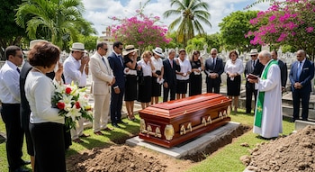 Un grupo de personas se reúne alrededor de un ataúd de madera en un entierro en República Dominicana, con un sacerdote oficiando la ceremonia y árboles tropicales de fondo.