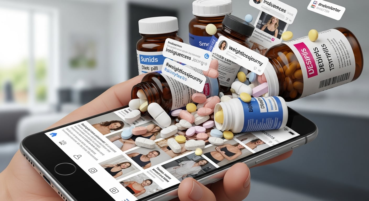 Una mano sostiene un teléfono móvil del que brotan pastillas y frascos de medicamentos, simbolizando la influencia de las redes sociales en el consumo irresponsable de fármacos para adelgazar. (Imagen Ilustrativa Infobae)