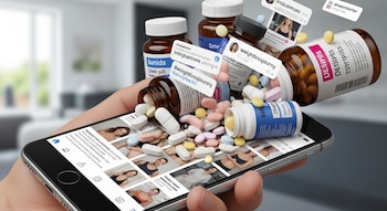 Mano sostiene smartphone del que caen pastillas y frascos de medicamentos. La pantalla muestra publicaciones de redes sociales sobre pérdida de peso.