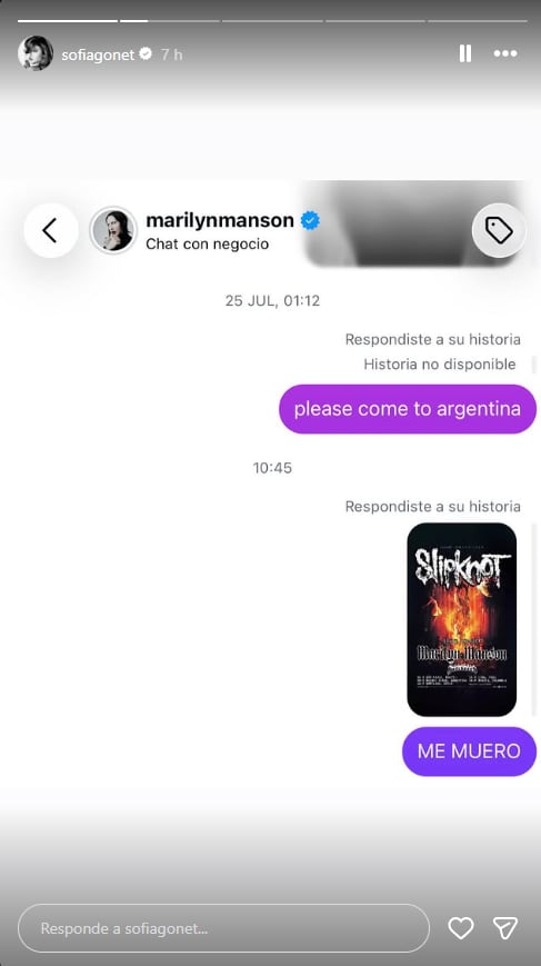 La panelista reveló capturas de mensajes que había enviado meses atrás a la cuenta de Marilyn Manson para pedir una visita al país