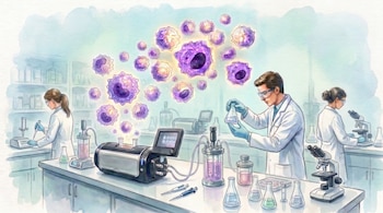 Ilustración acuarela de tres científicos en laboratorio con batas, manipulando bioreactores negros y grises, matraces y microscopios; macrófagos violetas flotan.