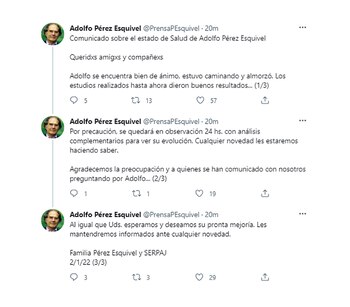 tuits sobre la salud de Perez Esquivel