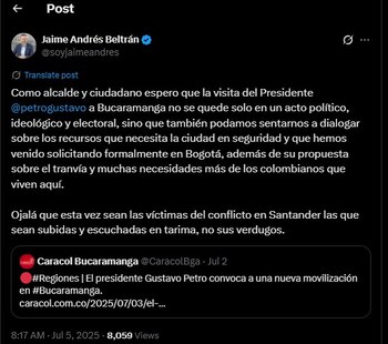 Jaime Andrés Beltrán reaccionó a